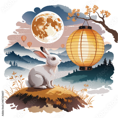 Whimsical rabbit under a full moon with a japanese lantern