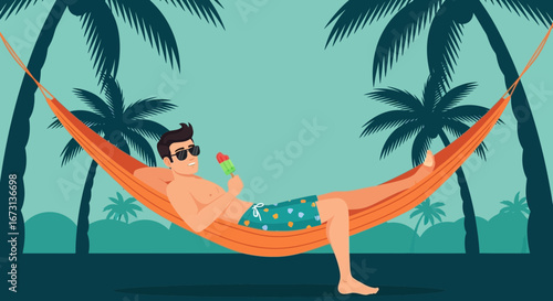 Man Relaxing In Hammock, Enjoying Refreshment On Tropical Beach, Summer Vacation