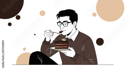 Man Relishes Savoring a Delicious Slice from a Delectable Chocolate Cake, Joyful Moment