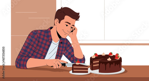 Person Admiring A Slice Of Chocolate Cake With Strawberries And Dreamy Facial Expression