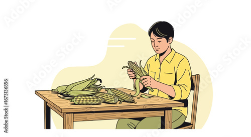 Man Removing Husks From Freshly Harvested Corn On Wooden Table Preparation Scene