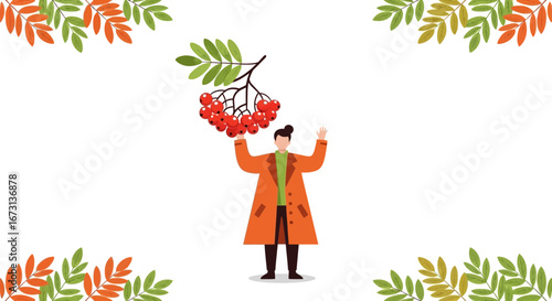 Person Appreciating Mountain Ash Berries Amidst Autumnal Foliage Delight With Joy