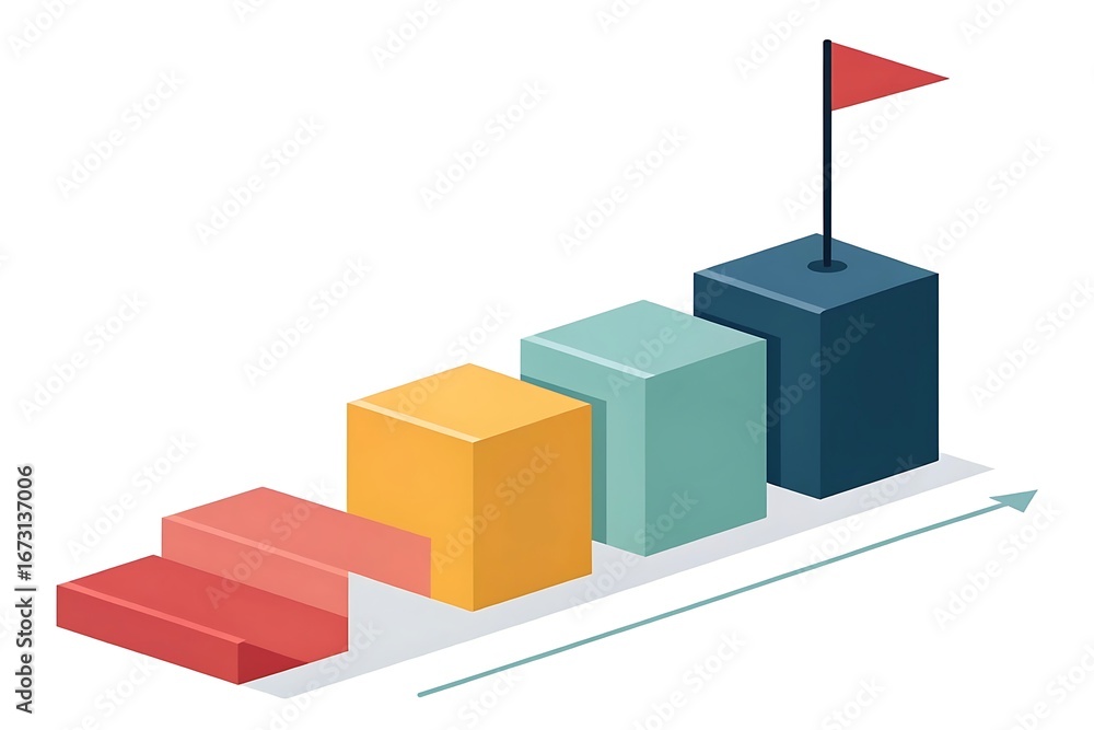 Fototapeta premium Isometric Staircase Made of Colorful Blocks Leading to a Red Flag on a Pole cubes steps