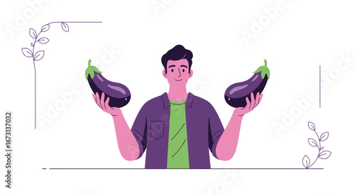 Man Showing Two Eggplants Illustration Showing Healthy Eating And Vegetable Selection