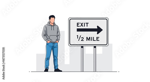 Person Beside Traffic Sign Signifying Exit Is Half A Mile Distance Away