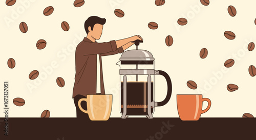 Person Brewing Coffee Beverage Using French Press Near Mugs and Coffee Beans Illustration