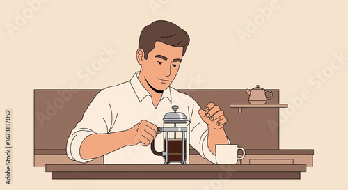 Person Brewing Fresh Coffee with French Press at Home In The Morning Lifestyle Illustration