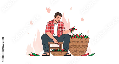 Man Sorting Fresh, Fiery Chili Peppers, Preparing Ingredients for Culinary Delights