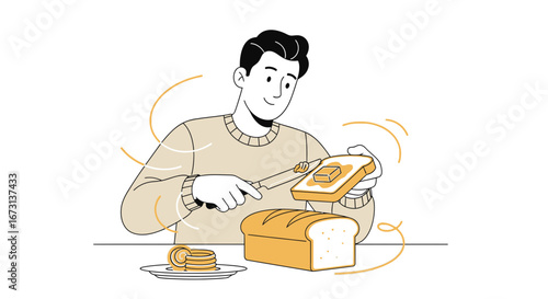 Man Spreading Butter On Toast, A Delightful Breakfast Routine Illustration
