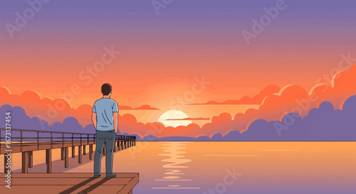 Man Standing Amidst The Vivid Sunset, Contemplating Beyond The Pier Over Calm Waters