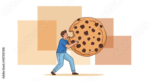 Man Taking Gigantic Bite From Cookie, Illustrated Concept Of Overindulgence And Unhealthy Eating