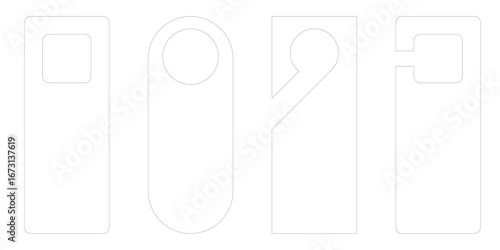 Collection of vector door hanger label templates in flat design. Die cut paper tags for hotel doors with room signs like do not disturb. Hanging mockups on knob isolated on white background