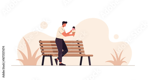 Man Tasting Ice Cream In The Park Bench Resting, Enjoying Summer Moment
