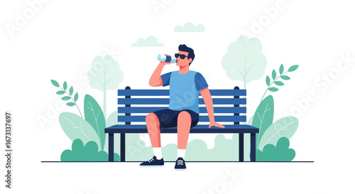Person Drinking Water Relaxing on a Bench in the Park Amidst Greenery Scene
