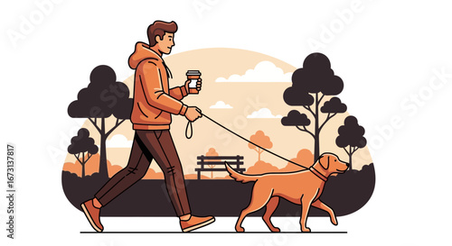 Person Enjoying A Beverage And Walking His Dog With Warm Colored Illustrated Background