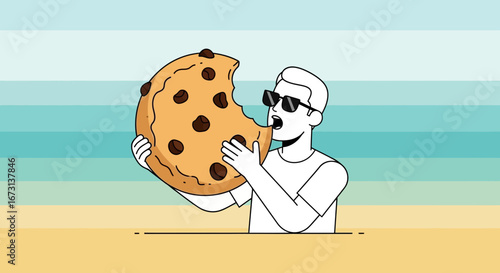 Person Enjoying a Giant Chocolate Chip Cookie on a Striped Background