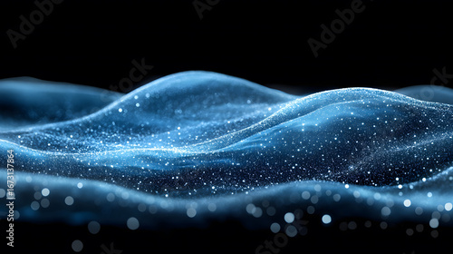 Abstract Blue Particle Wave Digital Landscape,Data speed lines on a dark background representing 