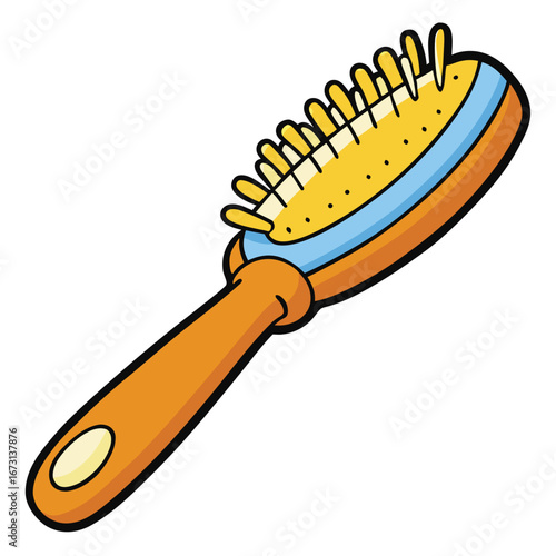 Colorful cartoon hairbrush with yellow bristles and orange handle styling grooming