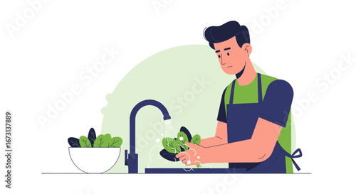 Man Washing Vegetables in Kitchen Sink Preparing Healthy Ingredients for a Meal