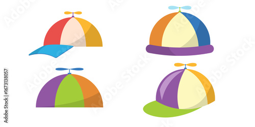 Collection of vibrant propeller cap icons set vector illustration playful hat assortment colorful whimsical styles fun headwear isolated design graphic element childhood accessory background