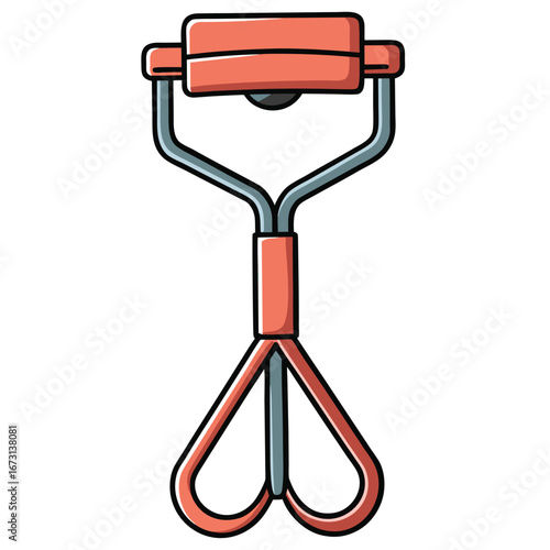 Colorful cartoon illustration of a coral and grey eyelash curler on a white background makeup tool