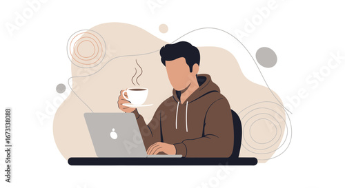 Man Working Remotely on Laptop while Enjoying Coffee Breaks in Modern Illustration Style