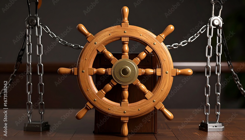 Obraz premium Wooden ship's wheel, chains
