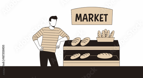 Market Display Featuring A Man With Bread, Bakery's Fresh Loaves, Fresh Products and Design