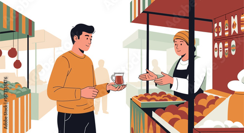Marketplace Scene: A Customer and Vendor Interacting at a Food Stall in a Vibrant Scene
