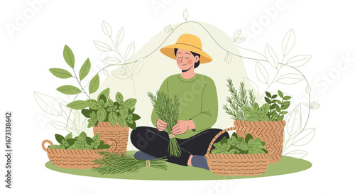 Person Harvesting Fresh Herbs, A Tranquil Moment Of Gardening And Herbalism