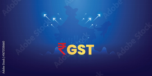 Goods and Services Tax India, GST with Indian rupee symbol, abstract background with GST tax slabs illustration, GST finance background with stock market data, rupee currency