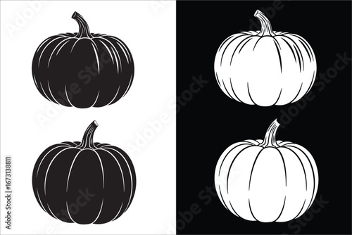 Stylized Black and White Pumpkin Illustrations on Split Background