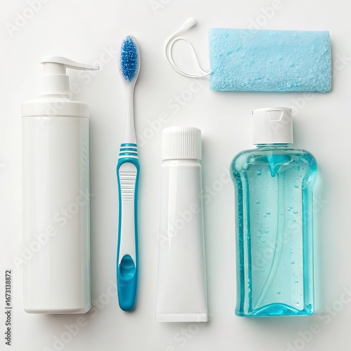 Stock photo of personal hygiene products toothbrush soap lotion and sanitizer flat lay