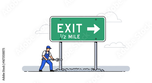 Mechanic Working On The Exit Sign Symbolizing Directions And Guidance On The Road Ahead
