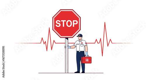 Medical Professional Holds Stop Sign Indicating Cardiac Arrest Situation Vector Graphic