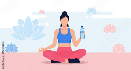 Meditating Woman With Water Bottle In Yoga Pose Surrounded By Lotus Flowers