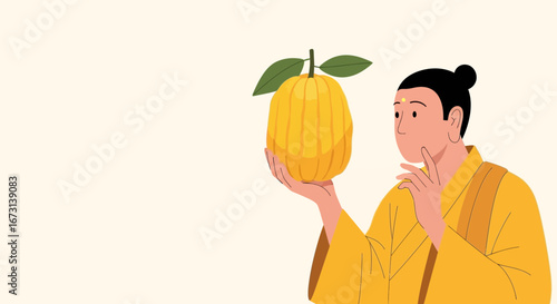 Meditation Monk Contemplating Citron, Symbolic Icon of Guidance and Mindfulness, Illustration