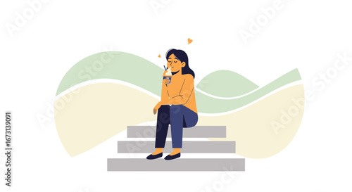 Meditative Moment of A Woman Enjoying Whipped Drink on the Steps in Serene Mountain Background