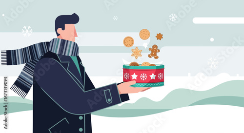 Person Holding Festive Cookies Amidst Winter Landscape Illustration for Seasonal Themes