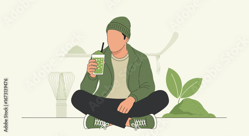Mindful Individual Experiencing Tranquility While Enjoying Matcha Latte Beverage