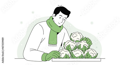 Person Inspecting Fresh Cauliflower Pile, Representing Healthy Eating Habits And Harvest