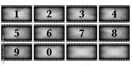 Movie countdown timer background set in 16x9 format. Vintage filmstrip numbers with retro frame design. Classic cinema screen intro animation for video presentation or motion picture project