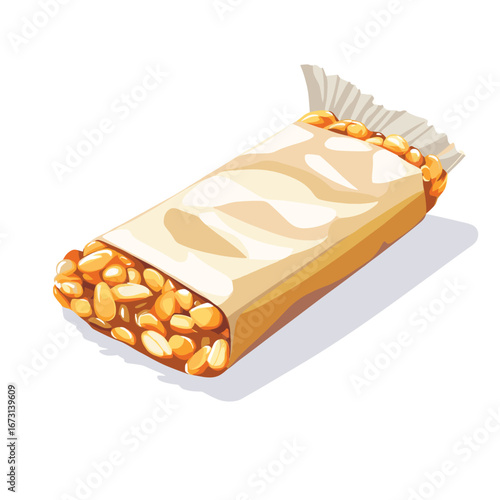 flat vector of peanut bar or granola energy bar in open wrapper