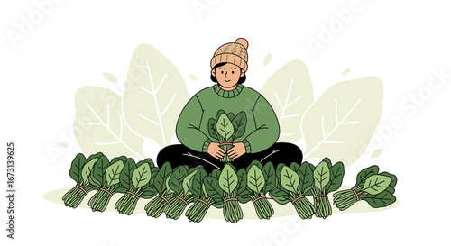Person Meditating With Freshly Harvested Spinach Surrounded by Green Leafy Vegetables