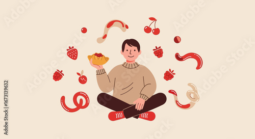 Person Meditating With Pastry Surrounded By Floating Berries And Sweet Accoutrements