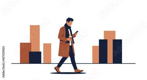 Modern Illustrated Businessman Walking Outdoors While Looking At His Smartphone And Drinking Coffee