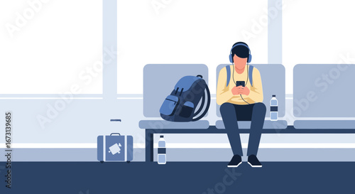Modern Traveler Relaxing While Listening To Music And Using His Mobile Phone In Station
