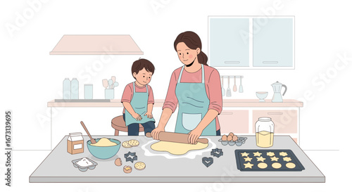 Mom And Son Baking Delicious Cookies Together In A Cozy and Well-Lit Kitchen