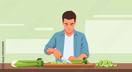 Person Preparing Fresh Vegetables on a Cutting Board in a Clean Kitchen Setting