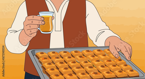 Person Presenting Tea And Delicious Baklava On A Tray In An Animated Illustration